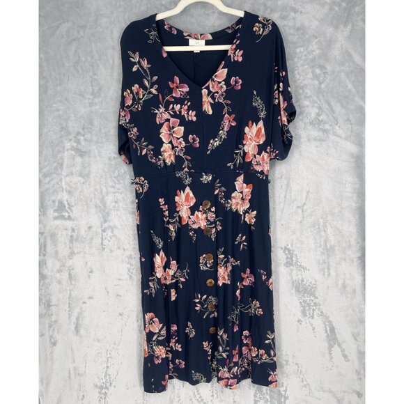 J Jill Dress Womens Medium Petite Navy Floral Rayon V-neck Buttons Pockets Midi - Picture 1 of 14